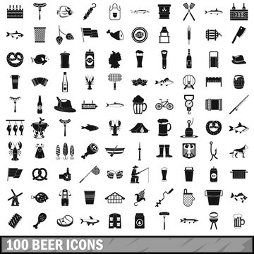 100 beer icons set, simple style 
