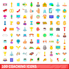 100 coaching icons set, cartoon style
