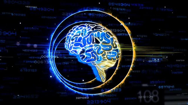 Animation design of human brain receiving input from both logical and creativity imagination knowledge and thinking knowledge in math science number and calculation background in 4k