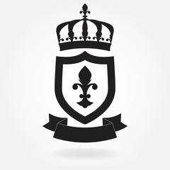 Shield with ribbon and crown. Blazon icon or sign. Heraldic royal design element. Vector illustration.