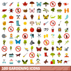 100 gardening icons set, flat style