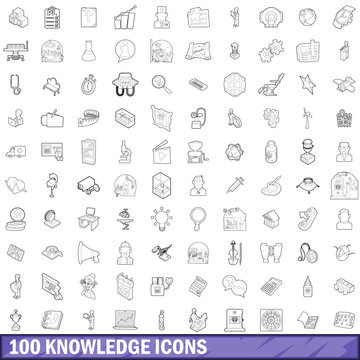 100 knowledge icons set, outline style