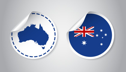 Australia sticker with flag and map. Label, round tag with country. Vector illustration on gray background.