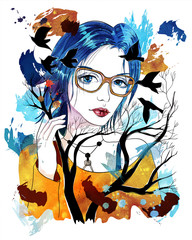Naklejka premium Beautiful girl with blue hair and glasses. Trees and flying birds. Fashion Illustration on abstract background