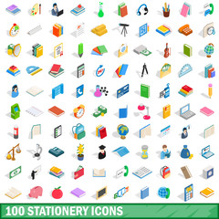 100 stationery icons set, isometric 3d style