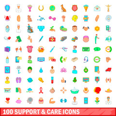 100 support and care icons set, cartoon style