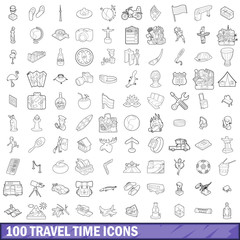 100 travel time icons set, outline style