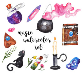 Magic watercolor set. Magic book, potion, cauldron, crystal, magic stones, candle, black cat, dried flowers. Witch's set