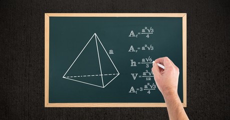 Hand writing formulas on blackboard 