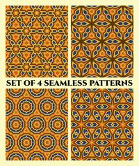 Seamless patterns of blue, orange, yellow and brown shades