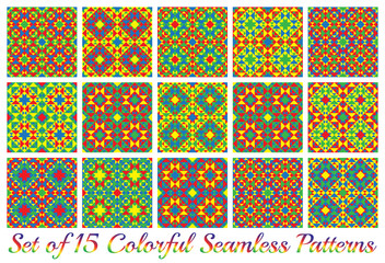Set of 15 fancy geometric seamless patterns with triangles and squares of red, blue, green, and yellow shades