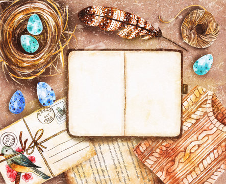 Vintage easter watercolor mockup. Blank notebook with place for text, sweater, neast and easter eggs, feather, envelope. Hand-drawn illustration
