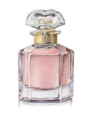 Watercolor illustration of Perfume in glass bottle