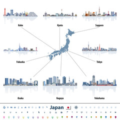 Obraz premium Japan map with main cities skylines vector illustrations. Navigation, location and travel icons.