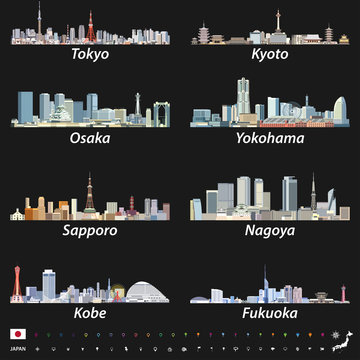 Japanese cities skylines vector illustrations. Flag and map of Japan