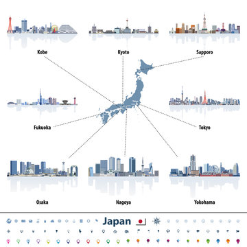 Japan map with main cities skylines vector illustrations. Navigation, location and travel icons.