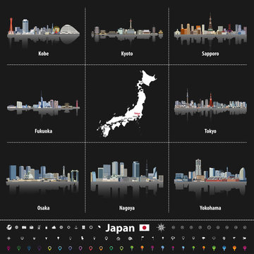 vector japanese map with largest Japan city skylines. Navigation, location and travel icons.