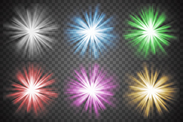 Glowing lights set. Colorful transparent bursts
