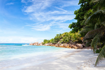 Beautiful tropical  sand beach with granite rocks and coconut palm trees.  La Digue, Seychelles.