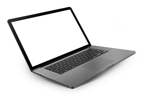 Laptop with blank screen isolated on white background, dark aluminium body. Whole in focus. High detailed, resolution image. Template, mockup.