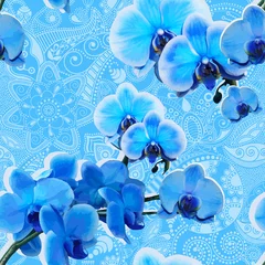 Fotobehang Seamless pattern with blue orchids © sunny_lion
