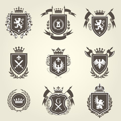 Knight coat of arms and heraldic shield blazons - obrazy, fototapety, plakaty