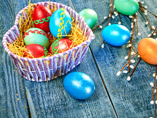 Easter Pussy-willow and Easter egg on authentic background. Happy Easter card