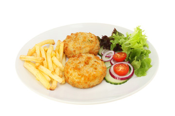 Fish cakes chips and salad