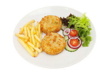 Fish cakes chips and salad