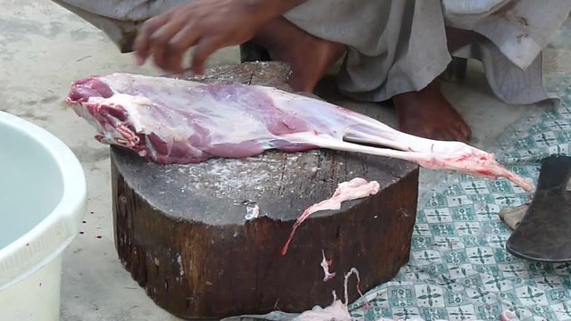 Butcher cutting Meat in unhygienic conditions