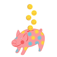 Piggy bank with a coin-smiley