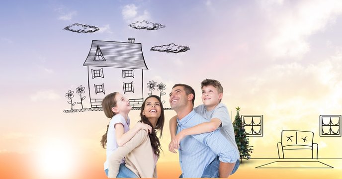 Digital composite image of happy family imagining new home