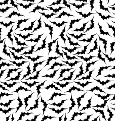 Raster illustration. Silhouette bat. Seamless pattern swarm of bats on the white background. Seamless bats background isolated on white. Seamless white pattern with black bats for Halloween
