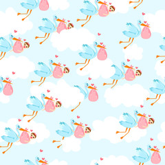 Cute pattern with storks flying in the clouds and kids. Very nice background with birds and baby. 