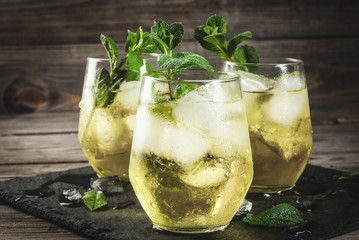 Traditional Spanish alcoholic drink, Rebujito cocktail - white wine, carbonated water (soda), mint, lemon juice. On a black slate board copy space