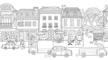 Seamless pattern background. Vector illustration. Urban street in the historic European city. People walking, residential buildings with cafes and shops, the different situations of town life