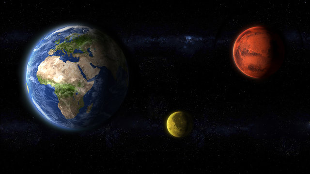 Earth Moon and Mars red planet