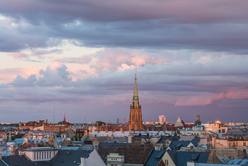 beautiful view of Riga (Latvia) skyline at sunset
