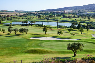 Fototapeta na wymiar Golf course with gorgeous green and pond. Algorfa, Apain.