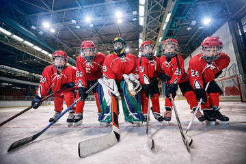 Obraz premium Youth hockey team - children play hockey.