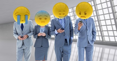 Business workers receiving a bad notice . Emoji heads.