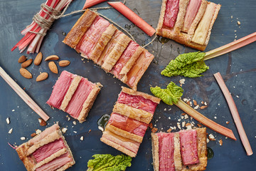 rhubarb quiche pieces, stems and almonds