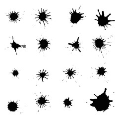 Set of 16 black ink blots isolated on white background.