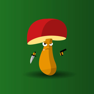 A caricature of an unconquerable fungus. An angry mushroom holds a knife and a gun in his hands