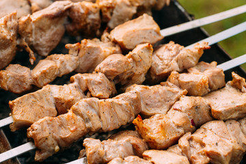 Grilled Barbecue Meat Shashlik Shish Kebab Pork Meat Grilling On Metal