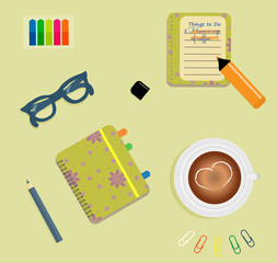 Stationery: A day planner spiral-bound with the cute purple flowers and polka dots. A tab. The glasses. A pencil. Clips. A marker. To do list. A cup of coffee with a heart. Vector illustration