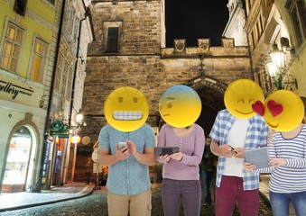 group of friends with the mobile. Emoji heads.