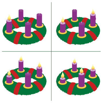 Advent wreath on first, second, third, fourth Sunday of Advent - with one, two, three and four lighted candles in different lengths depending on burning time in chronological order. Vector on white.