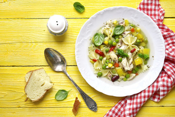 Vegetable soup with chicken.Top view.
