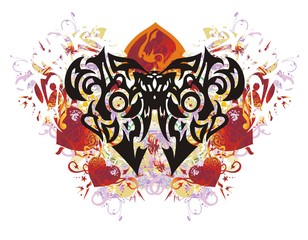 Grunge mystic butterfly with red hearts. Majestic butterfly with colorful floral splashes by St. Valentine's Day
